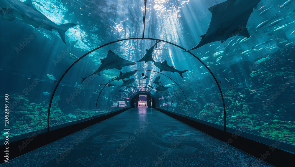 Fototapeta premium 大型水族館の青いトンネルでサメとエイが泳ぐ