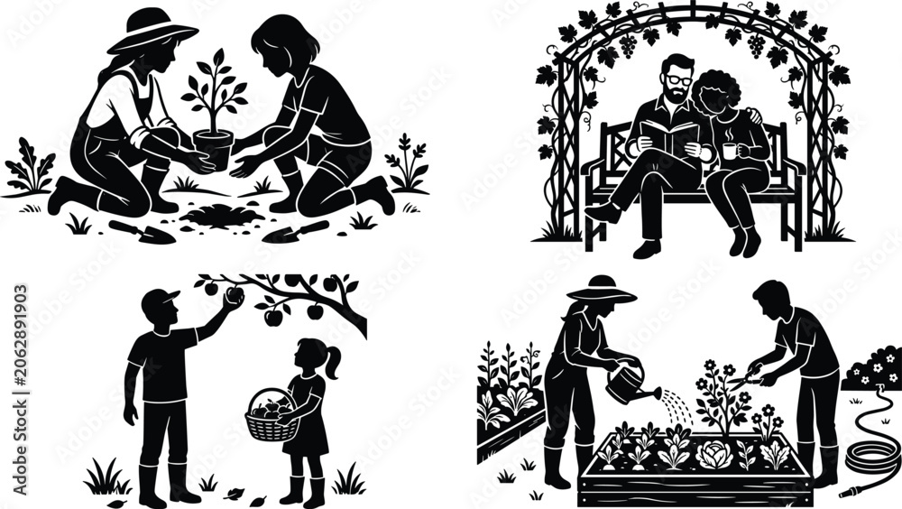 Obraz premium Silhouette illustration of people gardening, planting, harvesting, and relaxing outdoors, highlighting teamwork, leisure, and nature interaction in minimalist design style