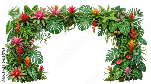 Tropical Rainforest Floral Frame Vector Exotic Jungle Border with Lush Botanical Foliage