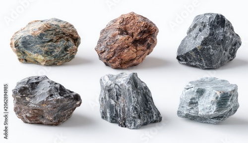 Six rugged, textured rocks, varying in color and form, displayed against white