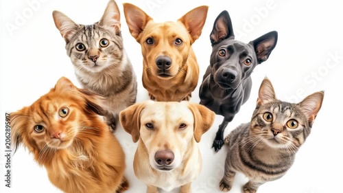 Six pets, a mix of cats and dogs, stare upwards, creating a sense of curiosity. Set against a clean white backdrop, their unique features and expressions are beautifully highlighted.