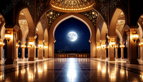 Grand hall with moonlit view