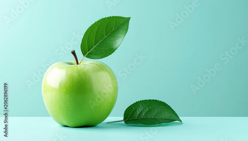 Green Apple with Leaves on Mint Background