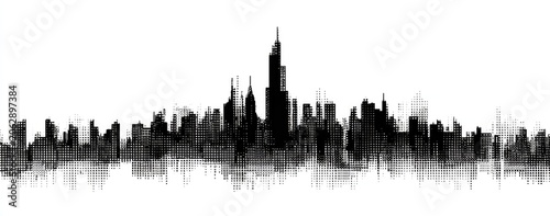 Abstract black ink wash silhouette of a sprawling city skyline