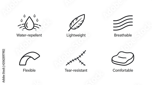 Six black linear fabric functional icons represent the concept of water repellent, lightweight, flexible, and tear resistant, suitable for marking the characteristics of functional clothing products.
