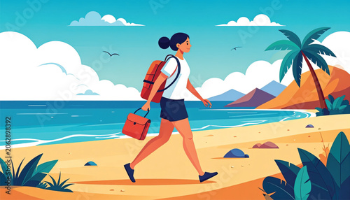 Woman walking on sandy beach vacation.