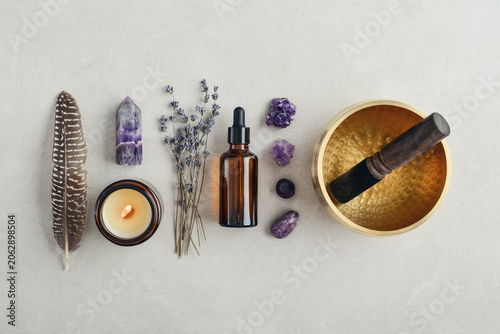 Holistic healing and mindfulness concept associated with meditation, aromatherapy, sound therapy, energy balance, relaxation rituals, massage treatments, and spiritual self-care.