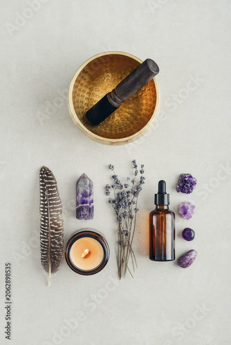 Holistic healing and mindfulness concept associated with meditation, aromatherapy, sound therapy, energy balance, relaxation rituals, massage treatments, and spiritual self-care.