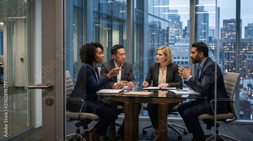 Diverse corporate business team having meeting in modern highrise office boardroom discussing strategy financial analytics partnership international stakeholders professional communication