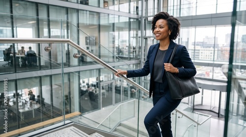 Smiling young African American businesswoman with shoulder bag walking up stairs in modern glass corporate office building, confident professional female executive arriving at work.