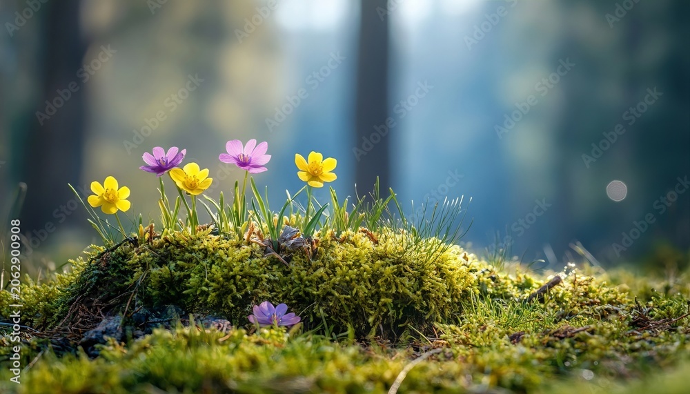 Obraz premium A soft dawn blankets a serene forest glen, wildflowers dance on a moss carpet in springtime light.