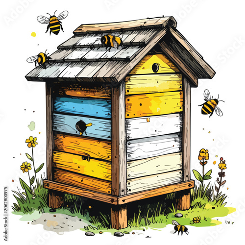 Watercolor illustration of a colorful wooden beehive with bees.
