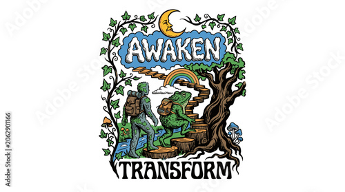 Awaken transform. Spiritual journey vintage print design for t shirt. Frog and moss man adventure. Explore more. Nature artwork.