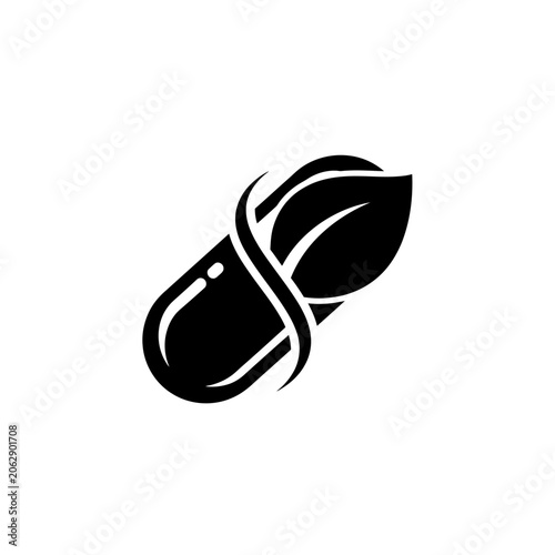 Minimalist black capsule and leaf icon for natural supplements