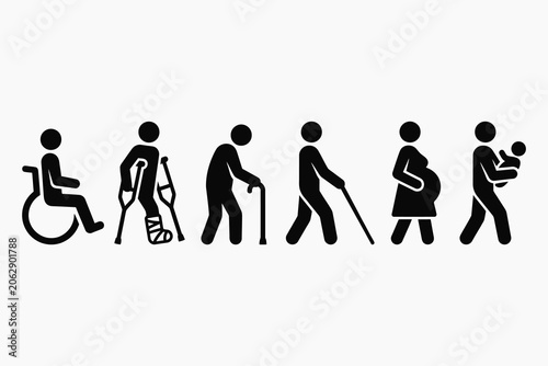 Accessibility icon set with wheelchair, disability, and priority seating pictograms