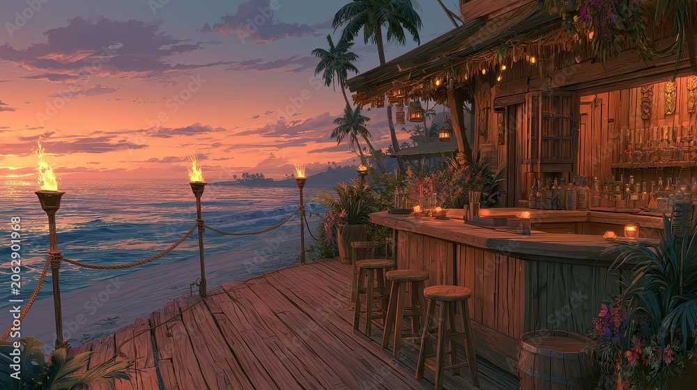 Obraz premium Tropical beach bar at sunset with tiki torches and ocean views. 
