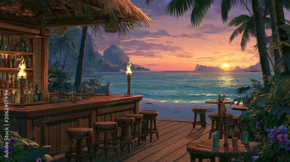 Fototapeta premium Tropical beach bar at sunset with tiki torches and ocean views. 