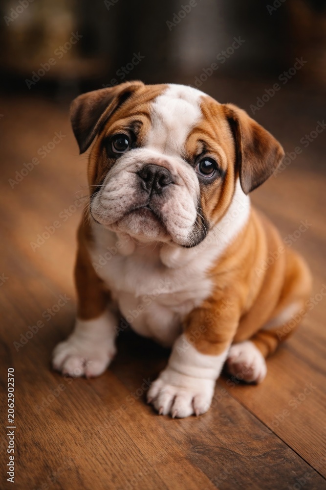 Obraz premium Adorable bulldog puppy sitting indoors.