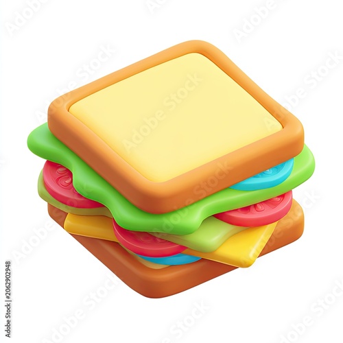 A 3D rendered, colorful layered sandwich on a white background