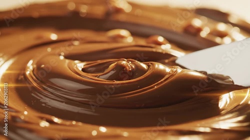 Macro shot of viscous warm chocolate being swirled with steel spatula under golden backlight