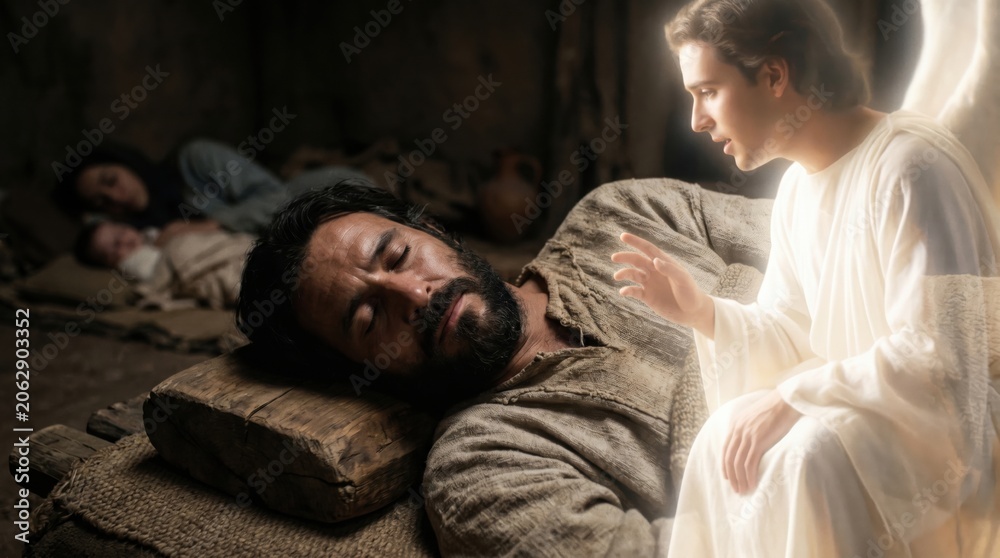 Naklejka premium Angel appears to Joseph in a dream to warn him to flee to Egypt with Mary and Jesus. Biblical scene of the nativity story. Spiritual encounter with a divine messenger in a dark home.