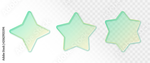 Star badge mockup liquid glass style. Realistic transparent glass frame set green and yellow gradient. Frosted acrylic plastic effect for backgrounds, tags, labels, stickers, picture frames.
