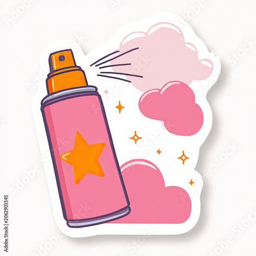 Pink spray can with orange star emitting mist among pink clouds