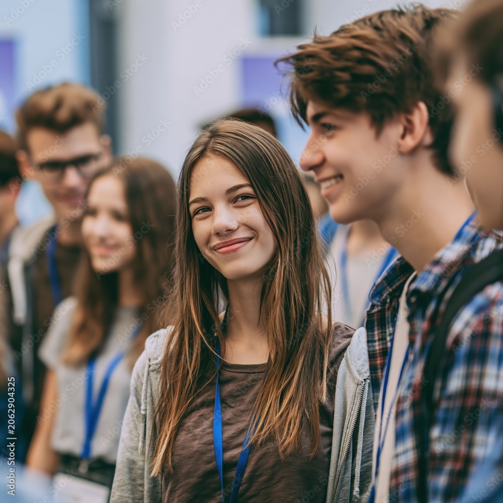 Obraz premium Bright young participants socialize at a business networking event, gaining internship hours, practical experience, and valuable soft skills.