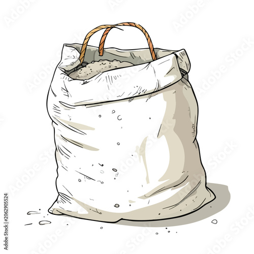Hand drawn illustration of a white sack filled with grains or flour.