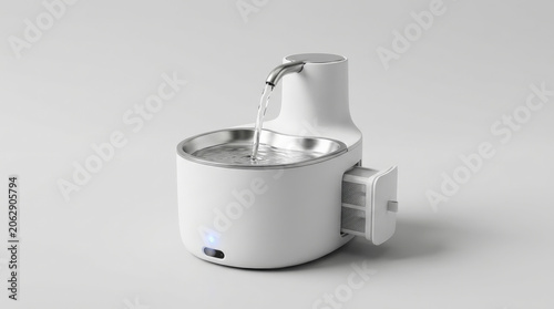 White modern smart pet water fountain showcasing advanced filtration system with pull-out filter on studio background.