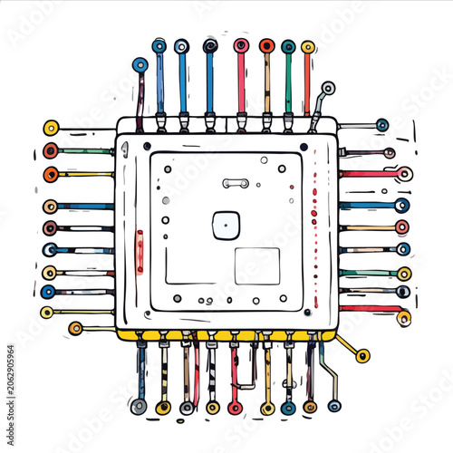 Stylized hand drawn electronic computer processor chip illustration.