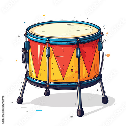 Colorful cartoon illustration of a snare drum with red and yellow triangular patterns.