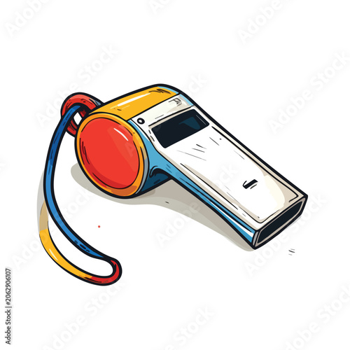 Colorful plastic sports whistle with lanyard illustration.