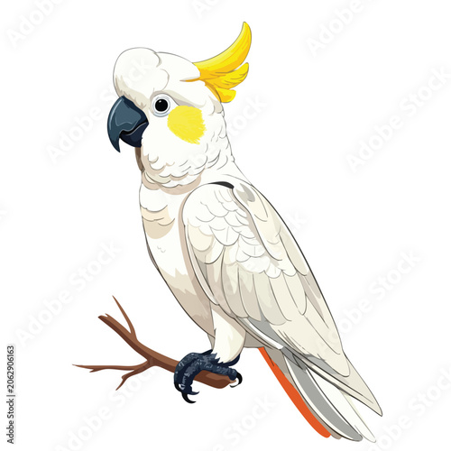 Beautiful illustration of a sulfur-crested cockatoo perched on a branch.