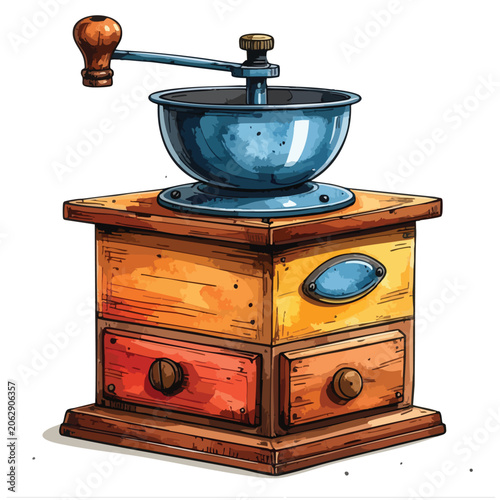 Vintage Hand Crank Coffee Grinder Illustration.