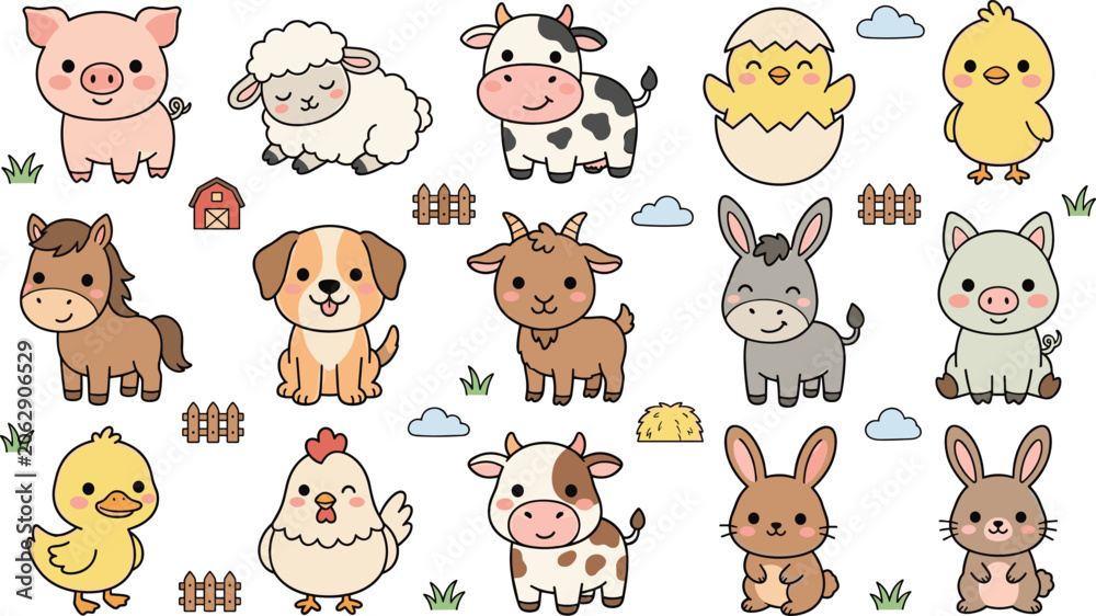 Fototapeta premium Cute Farm Animal Characters Collection Featuring Pig Sheep Cow Chick Horse Goat Donkey Rabbit and Puppy Illustrations