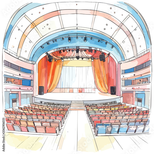 Watercolor illustration of an empty grand theater auditorium with stage and seating.
