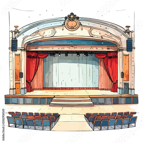 Vintage theater stage with red curtains and auditorium seating.