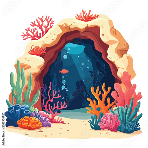 Colorful Underwater Coral Reef Cave Illustration.