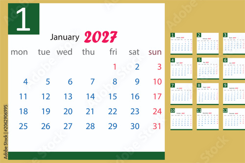 Desk calendar grid schedule 2027 simple Modern vector image.