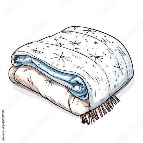 Hand drawn illustration of a folded cozy winter blanket with star pattern.