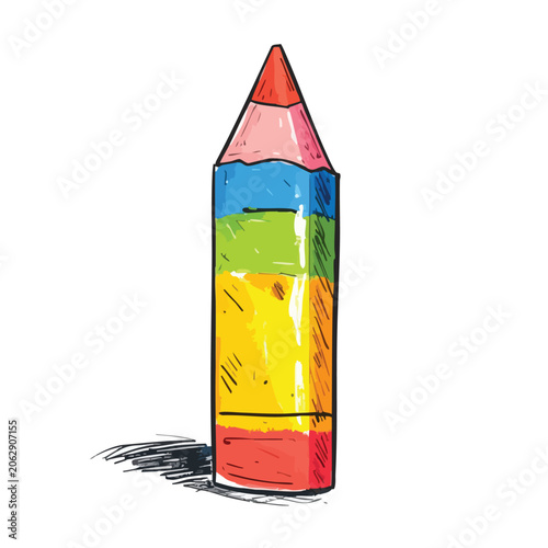 Hand drawn multicolored pencil with rainbow stripes isolated on white.