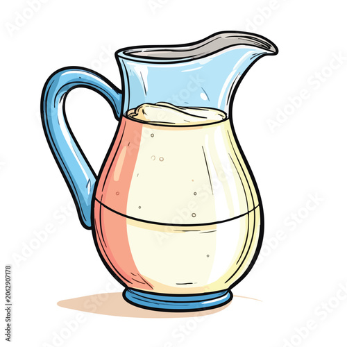 Cartoon Illustration of a Glass Pitcher Filled with Milk.