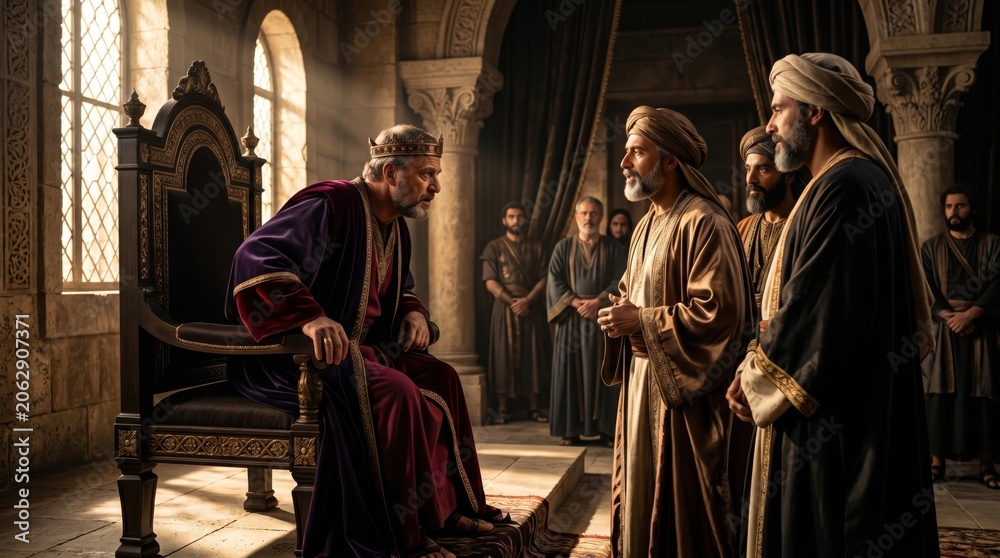 Fototapeta premium Herod the King sits on a throne and talks to three wise men. Biblical scene of magi talking to king in ancient palace. Historical religious story of Christmas and Jesus birth event.