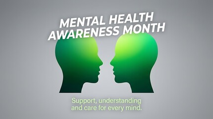 Mental health awareness month illustration with two green heads facing each other in conversation