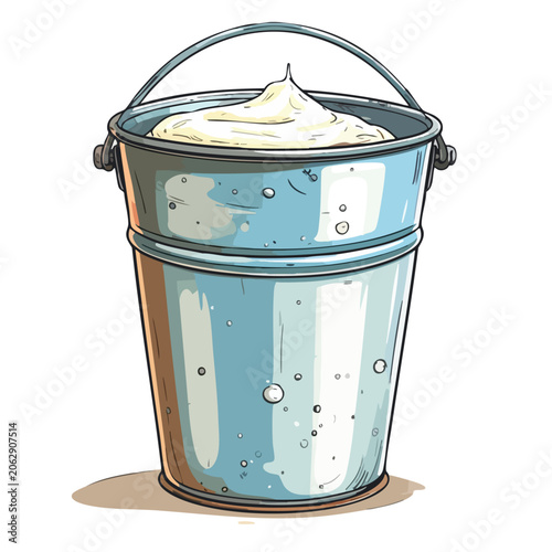 Illustration of a metal bucket filled with creamy substance.