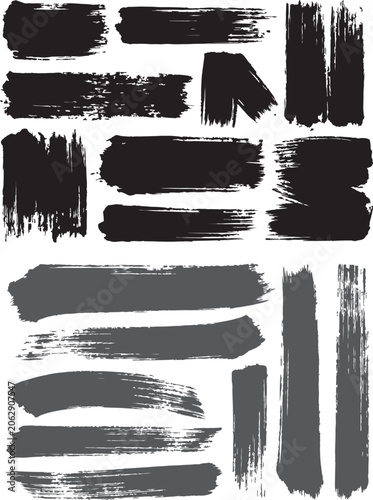 Black and grey grunge brush strokes vector set for paint texture and artistic design elements