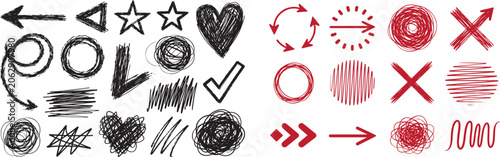 Canvas-taulu Hand drawn scribble and arrow vector set with black and red sketch elements incl