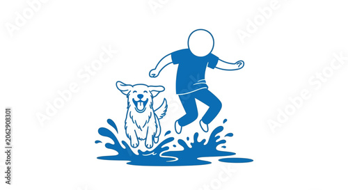 Happy child and dog jumping together in water puddle