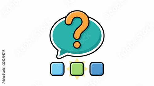 A teal speech bubble with a question mark and three colored squares